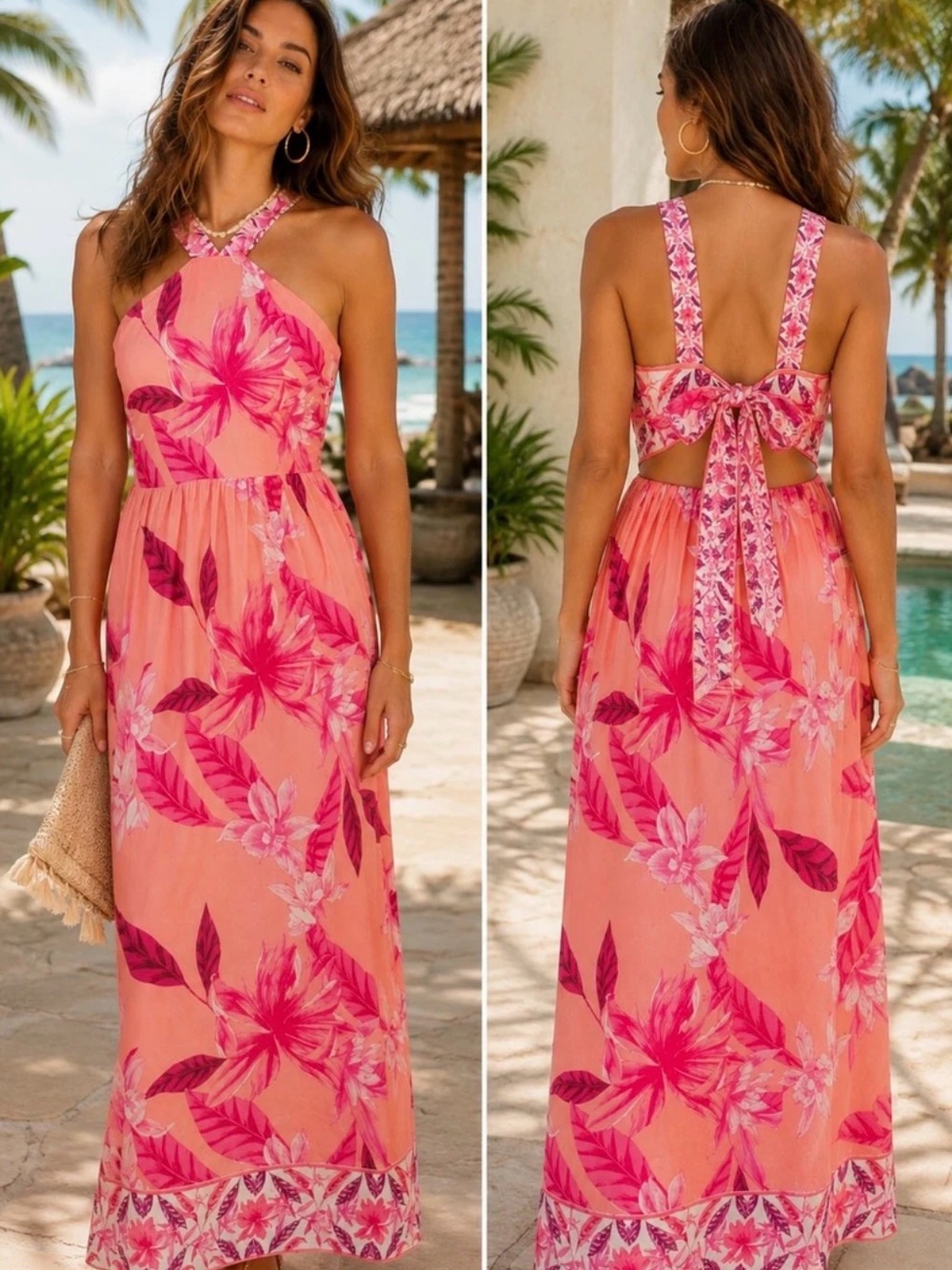 Venus Pink Tropical Halter Tie-Back Maxi Dress -Size 10